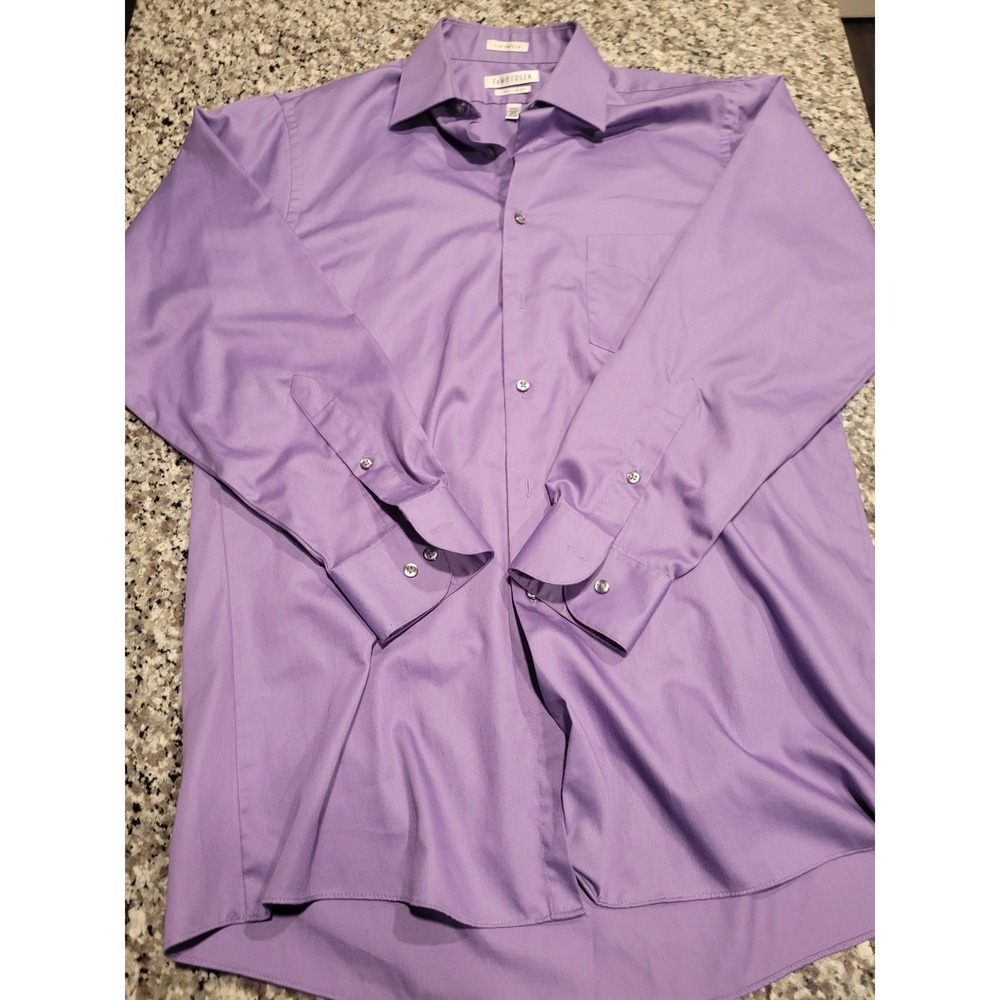 Van Heusen Lux Sateen Dress Shirt Mens 15.5 32/33 Reg Fit Purple Wrinkle Free